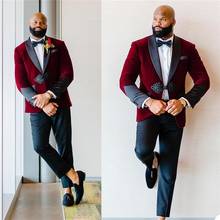 Burgundy Velvet Jacket Black Pant Costume Homme Wedding Men Suits Masculino Terno Tuxedo Slim Fit Groom Prom Blazer 2 Pcs 2024 - buy cheap