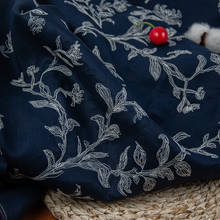 High end flax tissu Three dimensional embroidery of Tibetan blue flowers fabric Garment handmade skirt tissus 2024 - buy cheap