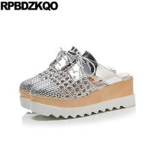 High Heels Creepers Pumps Wooden Platform Harajuku Square Toe Lace Up Silver Wedge Size 33 Casual Shoes Women Mules Slipper Big 2024 - buy cheap