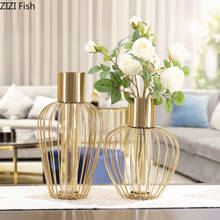 Simples vasos de ouro metal reticulado arranjo floral flores vaso de vidro decoração para casa moderna flor artificial ornamentos 2024 - compre barato
