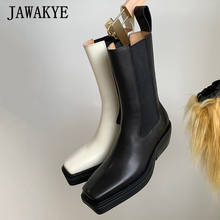 JAWAKYE Platform Martin Boots British Women Winter Mid-calf Boots Square Toe Low Heel Knight Boots Real Leather Thick Sole Shoes 2024 - buy cheap