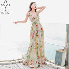 Женское платье с принтом YOSIMI, длинное шифоновое платье с открытой спиной на ремешке в стиле бохо пляжное платье с треугольным вырезом без рукавов для вечеринки, лето 2019 2024 - купить недорого