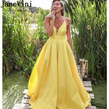 JaneVini Sexy Yellow Long Evening Dresses Robe Satin Simple A Line Spaghetti Straps Deep V-neck Backless Ladies Prom Gowns 2020 2024 - buy cheap