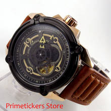 PARNIS-reloj con correa de cuero para hombre, carcasa chapada en oro de 44mm, esfera negra, cristal de zafiro, automático 2024 - compra barato