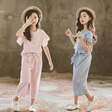 Korean Big Girls Summer Clothing Sets 2021 New Kids Striped Ruffle Sleeve +Wide Leg Pants Fashion Two-piece Teenage Outfits Set 2024 - buy cheap