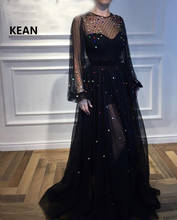 Black Muslim Evening Dresses Tulle Long Sleeves Lantern Sequins Illusion Formal Islamic Dubai Kaftan Saudi Arabic Prom Dress 2024 - buy cheap