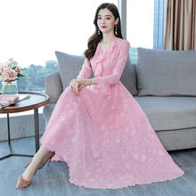 Женское жаккардовое шифоновое платье-макси, винтажное розовое пляжное элегантное платье миди с длинным рукавом, размера плюс, 3XL, осень 2021 2024 - купить недорого