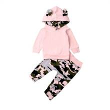 Conjunto de roupas infantis para meninas, 2019, outono, blusa rosa com capuz + calças camufladas, moletom infantil para meninas 2 pçs 0-2t 2024 - compre barato