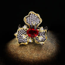 Elegant Lady's Jewelry Black Gold Two-tone Flower with Red Diamond Ladies Ring Attending Cocktail Party 925 Silver Flower Ring 2024 - buy cheap