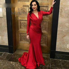 Vestido sereia vermelho de manga comprida, vestido cetim de baile, 2020, elegante, com pregas, vestido formal, traje especial barato 2024 - compre barato
