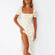 Boho inspirado algodão branco vestido de verão amarelo floral fenda lado senhoras vestido novo 2021 bonito vestido feminino estilo vintage boho vestido 2024 - compre barato