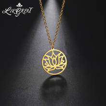LIKGREAT Lotus Flower Pendant Necklace for Women Stainless Steel Round Charm Necklace Link Chain Buddhism Vintage Jewelry Collar 2024 - buy cheap