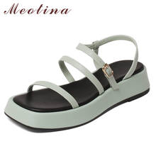 Meotina Women Shoes Genuine Leather Sandals Narrow Band Flat Sandals Square Toe Cow Leather Ladies Footwear Summer Green 2021 2024 - buy cheap