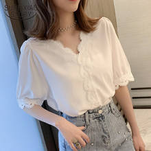 Summer 2021 New Elegant Sweet V-neck Korean Women Chiffon Shirt Short Sleeve Blouse White Hollow Out Blusas Femininas 8988 50 2024 - buy cheap