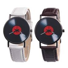 Часы наручные для мужчин и женщин, простые Стильные Ретро-часы с круглым циферблатом, повседневные кварцевые аналоговые с циферблатом и виниловой записью, с кожаным ремешком, подарок 2024 - купить недорого