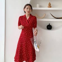 Summer new popular printed tea break ladies mid-length dress high waist slim lace-up red dress 2024 - buy cheap