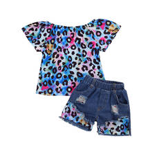 Conjunto de roupas 2 peças, estiloso, bebês, meninas, manga curta, estampa de oncinha, tops, calças jeans 2024 - compre barato