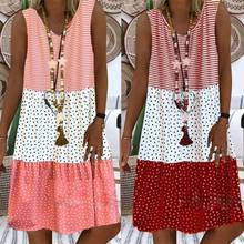 Fashion Casual Women Dot Stripe Color Patchwork Sleeveless V Neck Loose Knee-length Dress 2024 - buy cheap