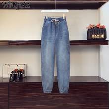 Comzz primavera outono calça feminina folgada cintura alta com elástico calça jeans harém 2024 - compre barato