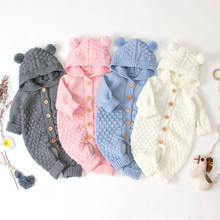 3-24m outono inverno bebê recém-nascido meninos meninas urso orelha malha macacão com capuz lã camisola macacão quente bonito roupa 2024 - compre barato