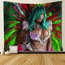 African American Women Green Hair with Colorful Feather Art Tapestries Hippie Art 2024 - buy cheap