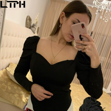 LTPH Korean tops 2021 spring autumn vintage women shirts Hot Sale solid puff sleeve square sexy small V-neck Slim blouse Trends 2024 - купить недорого