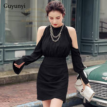Black Elegant Party Dress 2022 Spring Stand-Neck Strapless Flare Sleeve High Waist Mini Dress Side Pleated High Street Dress 2024 - buy cheap