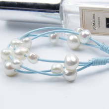 Free shipping sky blue real leather baroque shape real pearl beads natural white women bracelet multi row summer bangle wedding 2024 - buy cheap