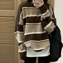 Suéter listrado solto retrô para mulheres, suéter japonês para mulheres 2024 - compre barato