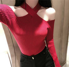 Women Crossed Halter Collar Knitted Off-shoulder Sweater Pullover Girls Knitting Stretchy Sweaters Pullovers Tops Female 2024 - buy cheap