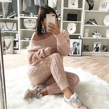 Street Style Women's Fashion Knitted 2 Piece Set  Solid Casual Woolen Tracksuit Winter Autumn Warm Sweaters Top+Long Pants Suit 2024 - buy cheap