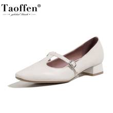 Taoffen Women Flat Shoes Cow Leather Square Toe Thick Heel Women Shoes Fashion Elegant Ladies Shoes Footwear Size 33-43 2024 - buy cheap