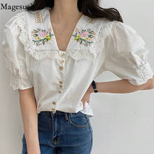 Korean Summer Puff Short Sleeve Blouse Women 2021 Embroidered Flowers Sweet Hollow White Tops New Button Up Slim Shirt 14382 2024 - buy cheap