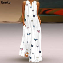 Umeko Sleeveless Maxi Butterfly Print Dresses for Women Summer White Plus Size Loose Bohemian Beach Long Dress Sundress Clothes 2024 - buy cheap