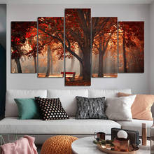 Pintura en lienzo de árbol rojo para decoración del hogar, conjunto de 5 paneles/Set de imágenes de paisaje otoñal, arte de pared para sala de estar, carteles de habitaciones, paisaje 2024 - compra barato