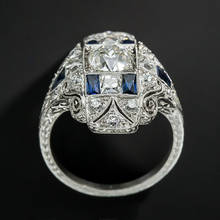 Flor hueca de plata de lujo para novia, anillo de boda con incrustaciones de diamantes azules, piedra de nacimiento, fiesta de compromiso, 6-10 2024 - compra barato