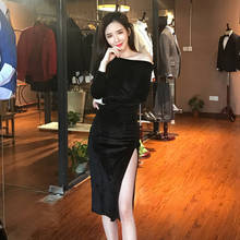 Real Shot 2020 New Autumn Women's Winter Sexy Velvet One-Shoulder Split And Thin Black Bottoming Dress 2024 - buy cheap