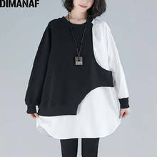 DIMANAF  Women T-Shirts Lady Tops Tees Shirts Basic Loose Long Sleeve Tunic Solid Spliced Black Spring Female Clothes Oversize 2024 - buy cheap
