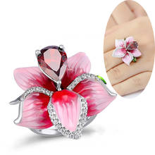 Fdlk anéis de luxo com flores de zircônia rosa para mulheres, anéis de promessa de casamento com strass estilosos, acessórios de joias femininas 2020 2024 - compre barato