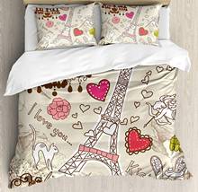 Juego de funda nórdica de París, ilustración de garabatos, Torre Eiffel, corazones, candelabro, flor de amor, temática Vintage decorativa, cama de 3 piezas 2024 - compra barato