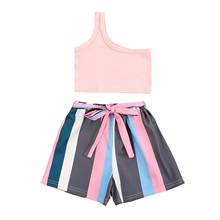 Girl’s Summer Two Piece Set Fashion Solid Color One-shoulder Suspender Tops and Stripe Short Pants 2024 - buy cheap