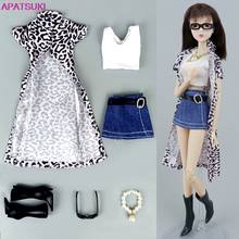 Conjunto de accesorios para muñecas Barbie, ropa para Barbie, abrigo largo de leopardo, falda sin mangas, zapatos, collar de perlas, gafas, 1/6, 1set 2024 - compra barato