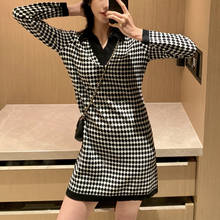 OUMENGKA autumn winter sexy v-neck knitted dress women geometric patterns female black sweater dresses Elegant 2024 - buy cheap