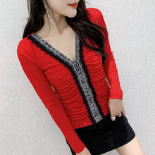 #5733 Black Red Leopard T Shirt Women Long Sleeved V Neck Diamonds Casual Womens Tee Shirts Slim Mesh T-shirt Female Sexy 2024 - buy cheap