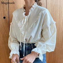 Blusa informal Vintage de algodón para mujer, camisa holgada con botones blancos, manga acampanada, para oficina, 9580 2024 - compra barato
