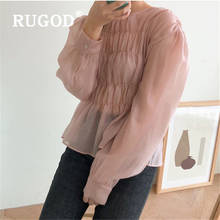 RUGOD-camisa plisada de manga larga para mujer, blusa informal con cuello redondo para primavera y verano 2024 - compra barato