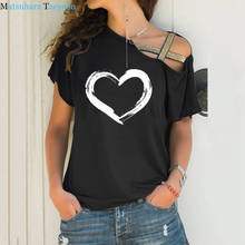 Модная женская футболка с принтом в виде сердца, свободная футболка с коротким рукавом, летняя футболка, топы с асимметричным перекосом и перекрестной повязкой, женская футболка 2024 - купить недорого
