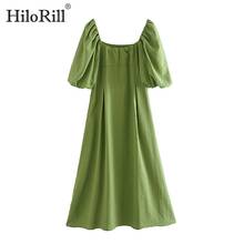 HiloRill mujeres verde plisado Midi vestido Puff de manga corta vestidos de verano cuadrado Collar sólido vestido Casual señoras Sundress 2024 - compra barato