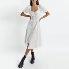 Летние платья для женщин 2021 элегантное белое платье милая шея короткий пышный рукав галстук передняя пуговица повседневное платье миди летнее сарафан 2024 - купить недорого