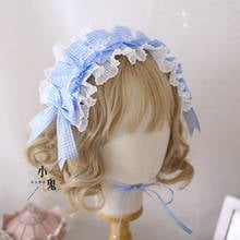 Lace Bow Headband Hair Accessories Japanese Lolita Handmade Sweet Cute Light Blue Grid Hairband Hairpin Soft Sister Headdress 2024 - buy cheap